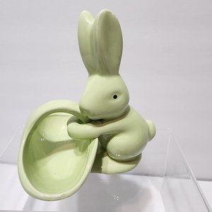 Green Ceramic Rabbit Holding Basket Bunny Rabbit Trinket Holder 5"